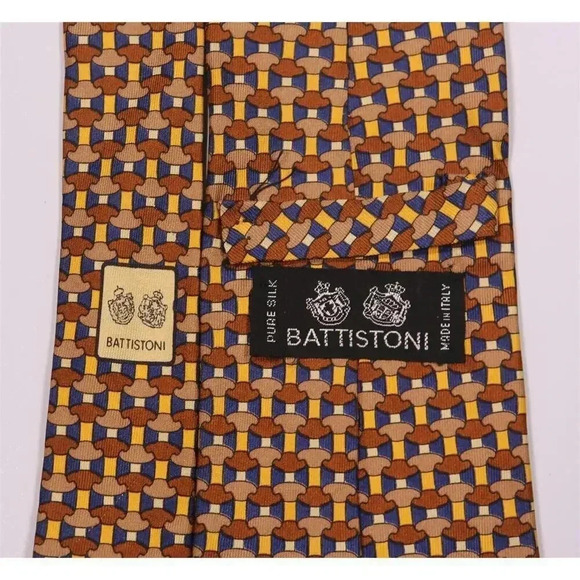 Battistoni Brown/Navy Mustache Print Design Silk Necktie Tie - Picture 5 of 7